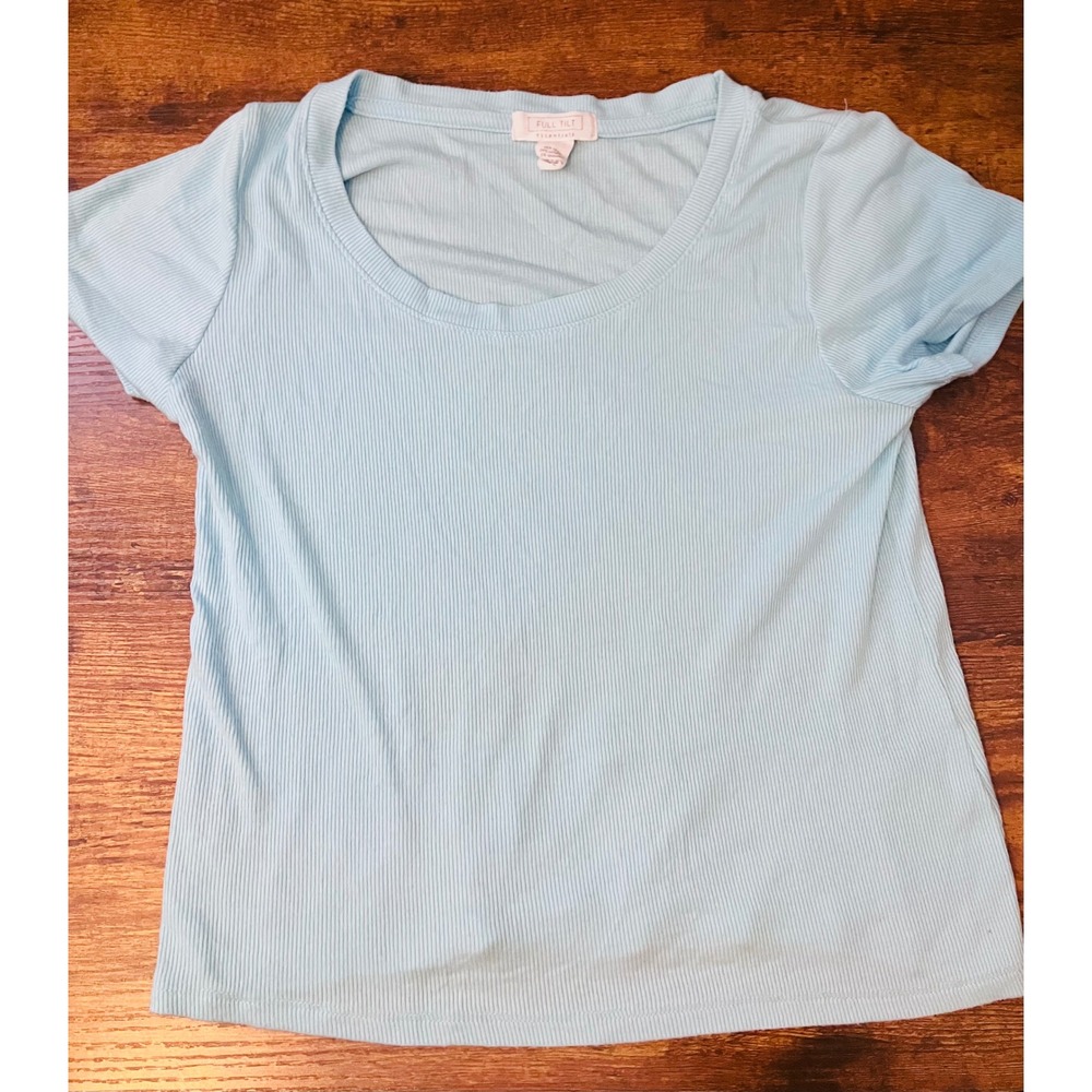 Full Tilt Essentials Womens Ribbed Scoop Neck Short Sleeve Crop Top Blue Large